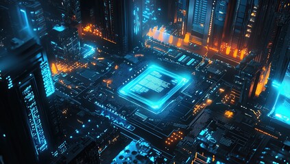 Fototapeta premium Cyberpunk Cityscape: Futuristic Circuit Board Metropolis Glows Brightly at Night