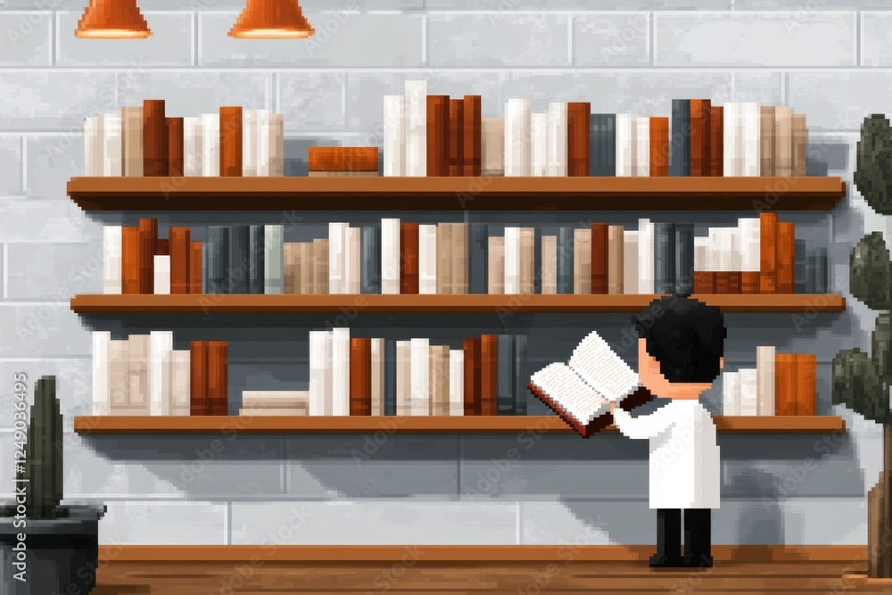 Poster A 8-bit pixel art of a character in a tiny library, searching through pixelated reference books on a wooden shelf