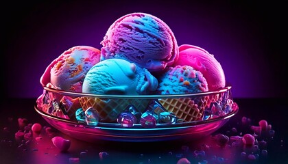 Colorful ice cream balls presented in an illuminated bowl during a nighttime dessert party