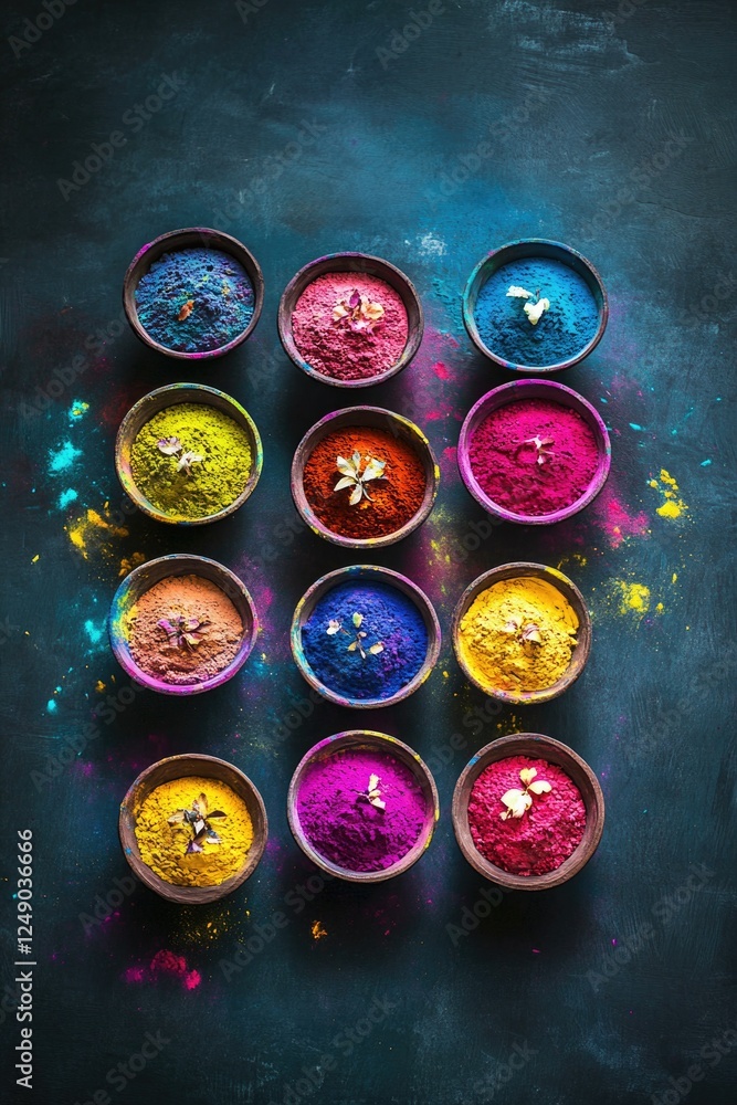 Poster a colorful array of bowls filled with different colored powders. the bowls are arranged in a grid pa