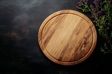 Fototapeta premium Empty Wooden Cutting Board on Dark Background with Herbs