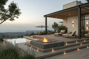 Obraz premium Elevated outdoor space with a fire pit and comfortable lounge chairs on a raised platform, elevated seating area, oversized chairs