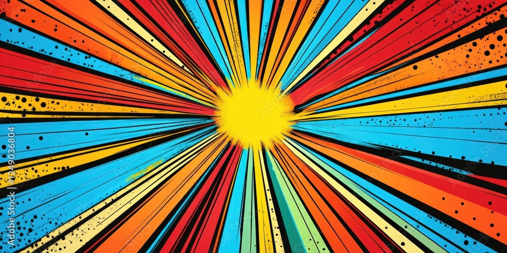 Poster colorful rays radiating from center in vibrant background with energetic lines and dots creating dyn