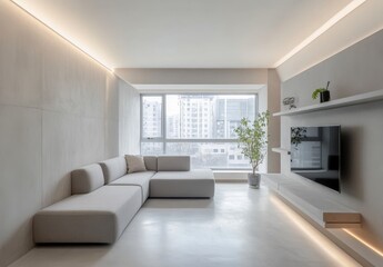 Fototapeta premium Modern Minimalist Living Room with Natural Light and Greenery