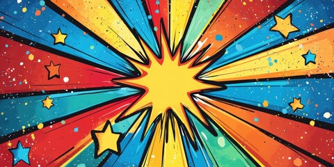 Fototapeta premium Colorful Vector Background with Radiating Rays and Stars in Bright Red, Blue, Yellow, and Orange for Dynamic and Vibrant Visuals