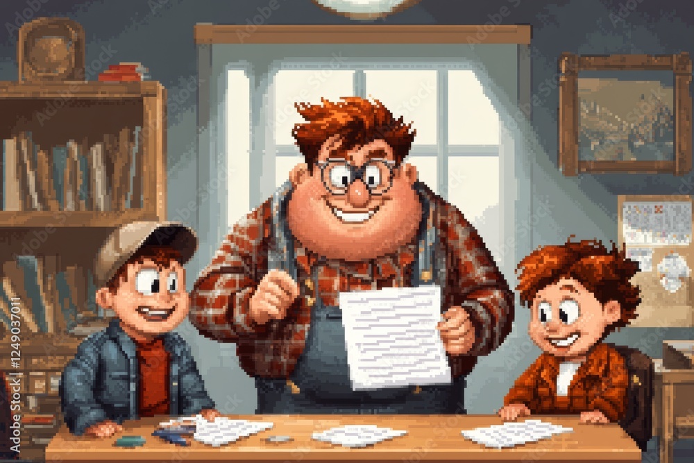Poster a 8-bit pixel art of a teacher handing out tiny pixelated worksheets to students in a retro classroo