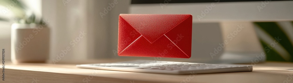 Poster a floating red envelope above a keyboard in a bright, modern workspace, symbolizing digital communic
