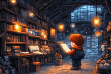 A 8-bit pixel art of a tiny character browsing pixelated bookshelves inside a cozy, retro-style library