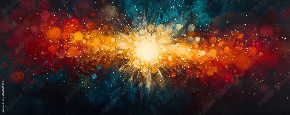 Poster abstract explosion of vibrant colors, resembling a cosmic event or a burst of energy. the hues range