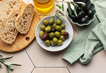 Rustic mediterranean snack with bread and olives