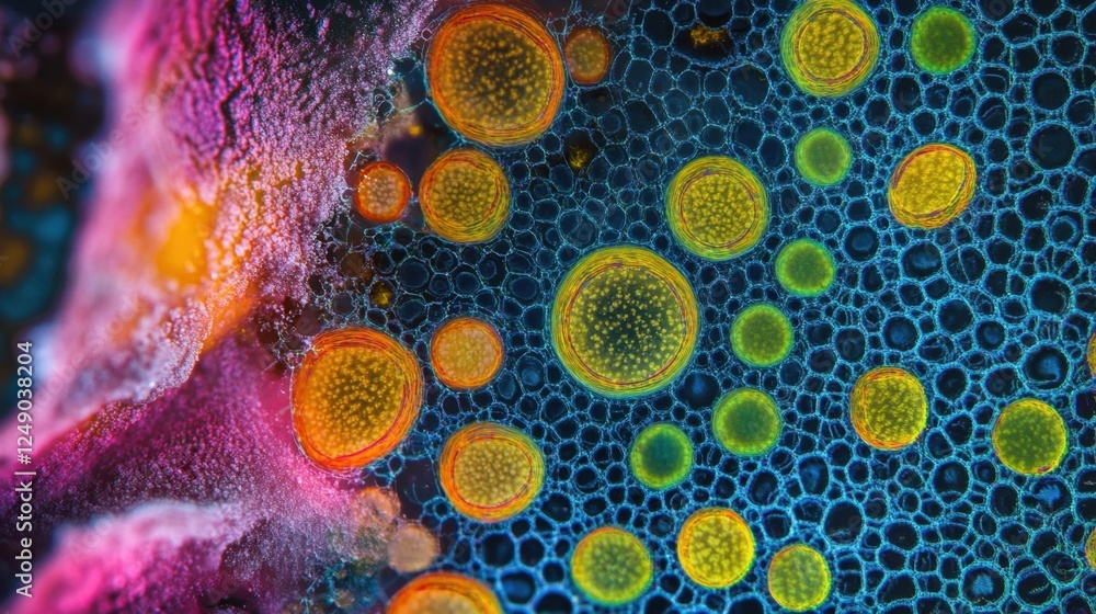 Poster close up of colorful plant cells under a microscope, showcasing intricate patterns and vivid colors.