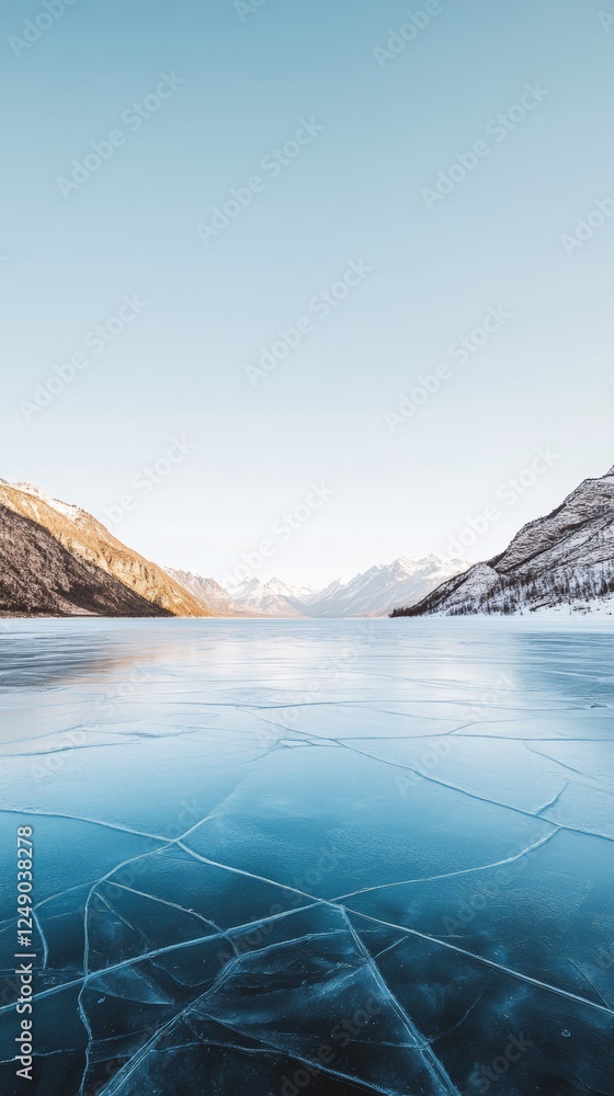 Poster frozen lake surface reflecting surrounding snowy mountains and a clear blue sky, creating a serene a