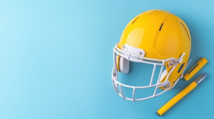 Fototapeta premium yellow football helmet on blue background