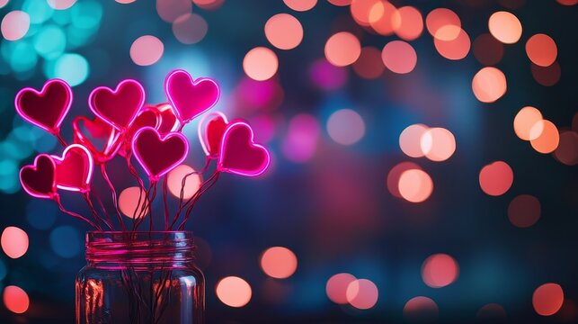 Floating mini neon hearts suspended in a clear glass vase, surrounded by fairy lights, dreamy atmosphere, soft pink and red glow - Powered by Adobe