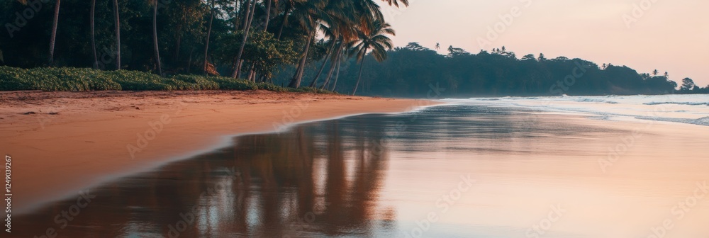 Poster tranquil tropical beach reflecting palm trees at sunset creating a relaxing and idyllic seascape in 