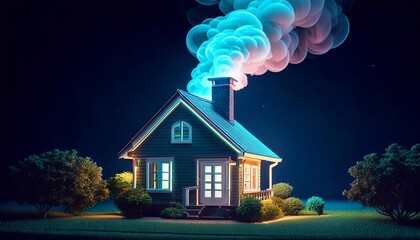Smoke billowing from the chimney of a neon-lit house at night in a serene setting