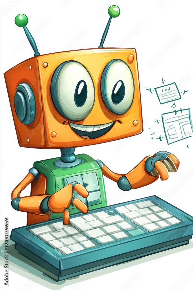 Aufkleber robot typing on keyboard digital workspace illustration friendly environment close-up view technolog