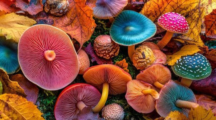 The forest floor comes into focus, showing a thick layer of moss, mixed with fallen leaves and diverse mushrooms