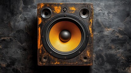 Vintage yellow speaker on dark background.