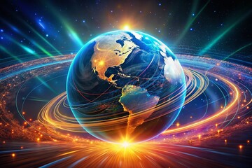 Obraz premium Futuristic 3D Earth Animation Panoramic Stock Photo: Technological Background