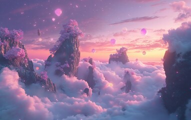 Pastel dreamscape with floating clouds and soft glowing gradients