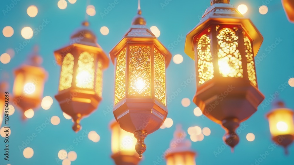 Poster three lanterns hanging from the ceiling, each with a light shining through the top. the lanterns are