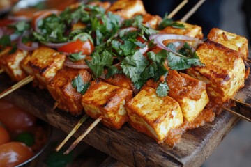 Vibrant and delicious-looking tofu skewers, served on a wooden board with a selection of garnishing herbs. This could be enjoyed at a cultural or international food event.
