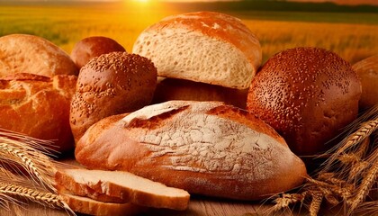 Freshly baked bread displayed on wooden surface beside golden wheat fields at sunset