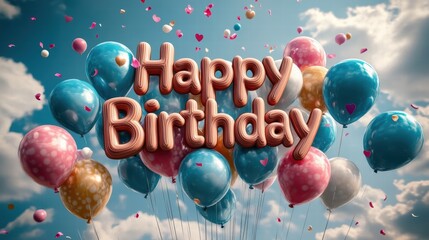 A vibrant and colorful birthday card with the words "Happy Birthday" in bold, playful letters floating above a sky blue background adorned by balloons 