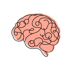 Brain continuous one line drawing. Human brain in simple linear style. Mental health concept. Vector illustration.