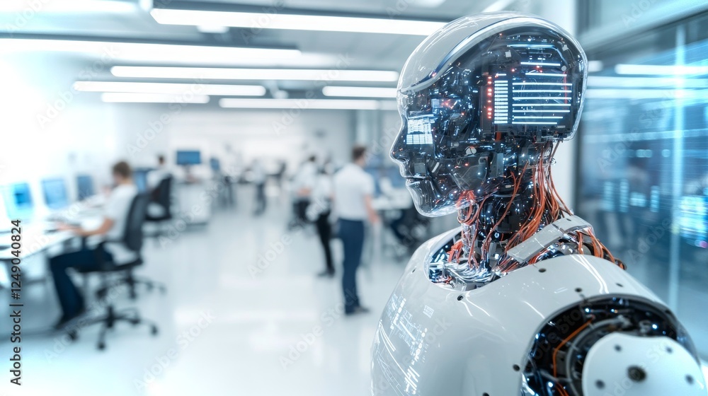 Aufkleber advanced ai robot observing technology workspace in modern office environment