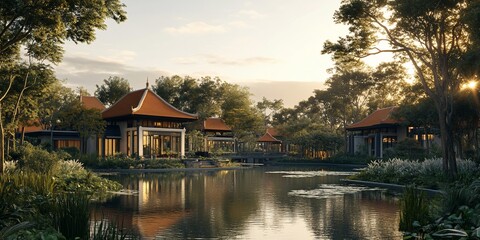 Obraz premium Asian-style villas, sunset, tranquil pond, lush greenery. Resort design