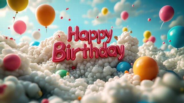 A vibrant and colorful birthday card with the words "Happy Birthday" in bold, playful letters floating above a sky blue background adorned by balloons  - Powered by Adobe