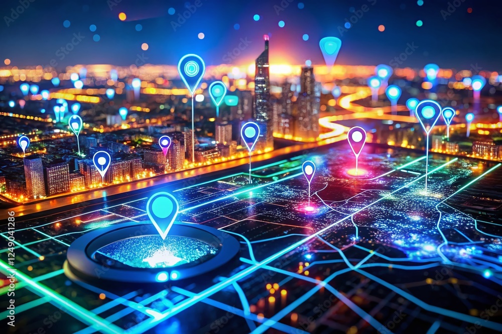 Poster futuristic gps navigation system interface hologram projection on cityscape