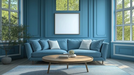 Fototapeta premium Round wooden coffee table near sofa and armchair against window and wall with blank mockup poster frame. Scandinavian interior design of modern living room.