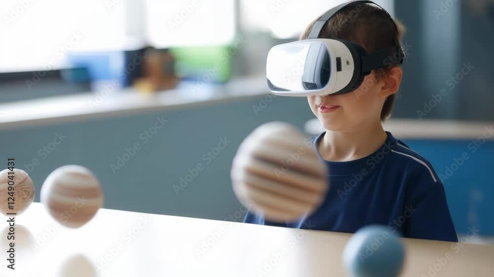 Poster child interacts with floating planets in immersive virtual reality experience