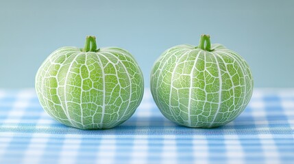 Naklejka premium Green fruits, gingham cloth, studio shot, pastel background, food photography