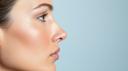 Profile of a beautiful woman breathing and smelling, showing her perfect nose after rhinoplasty surgery, cosmetology and beauty treatment for wellness and healthcare