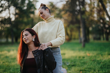 Fototapeta premium Two friends sitting in a green outdoor park, enjoying each other's company and relaxation.