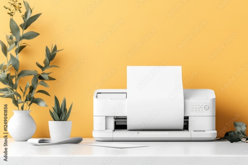 Poster A clean minimalist icon of a printer with a single sheet of paper emerging, symbolizing printing in progress