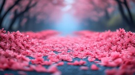 Pink blossom petals strewn along a path leading to a misty, tree-lined road.