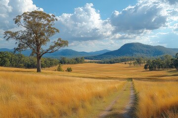 Fototapeta premium vast open field with dramatic clouds overhead capturing a sense of freedom and the beauty of nature with contrasting light and shadow creating a breathtaking landscape