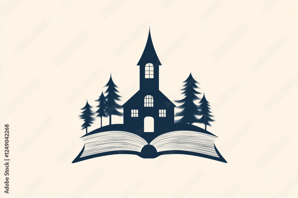 Poster A clean minimalist icon of an open book with a library building silhouette inside, symbolizing knowledge