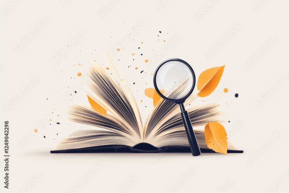 Poster a clean minimalist icon of an open book with a magnifying glass, symbolizing dictionary lookup