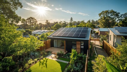 Sustainable Home Design: Solar Panels Power Eco-Friendly House with Lush Garden