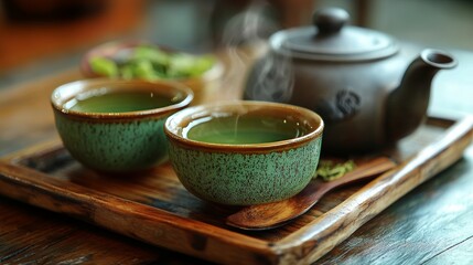 A steaming green tea cup, along with a teapot and loose tea leaves, rests on a wooden tray