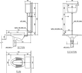 vector sketch, silhouette illustration, typical service sink installation detail design 