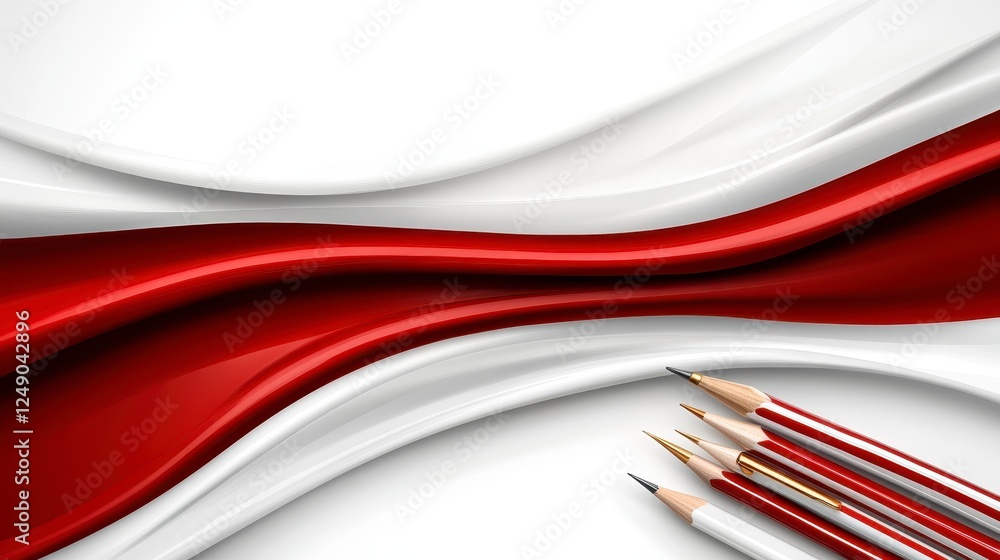 Poster red and white flag design with flowing fabric texture, featuring several drawing instruments against