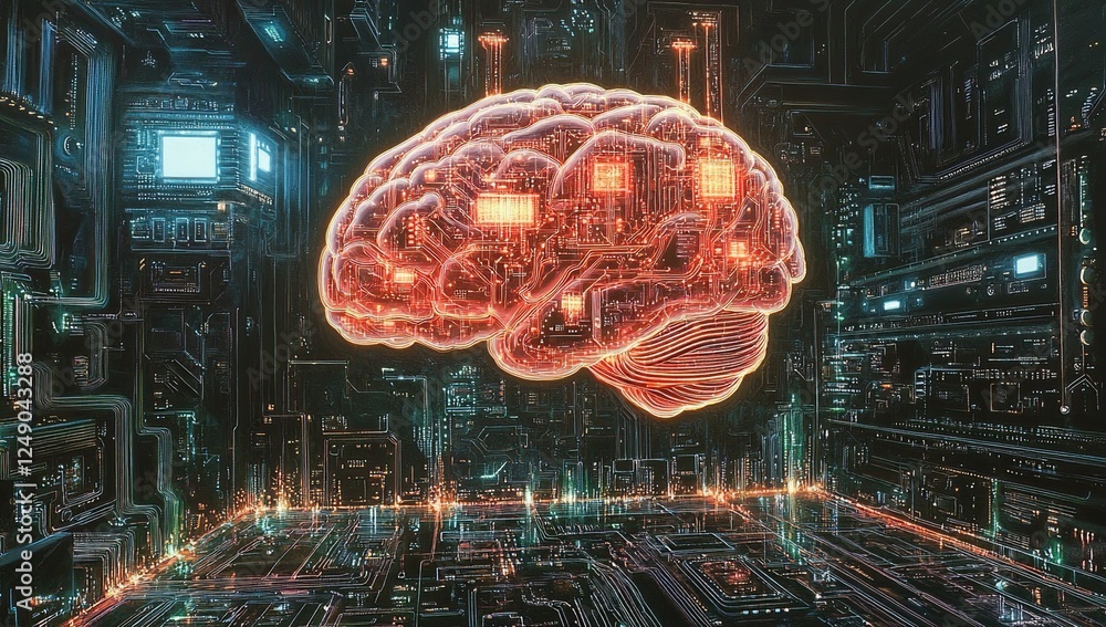Poster digital brain: exploring the neural networks of artificial intelligence in a futuristic cityscape.