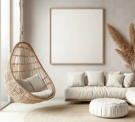 Cozy Living Room with Rattan Hanging Chair and Blank Canvas Wall